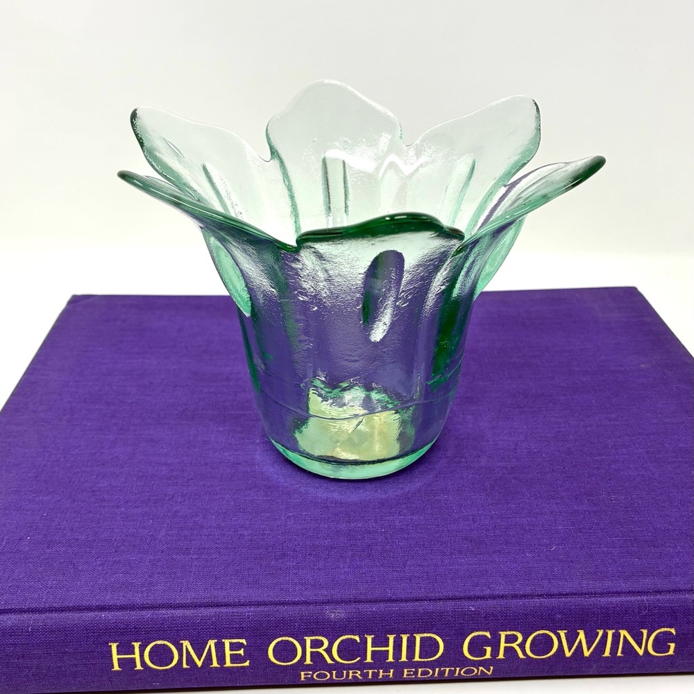 Vintage Recycled Blown Green Glass Tulip Shaped Candle Holder Made in Spain